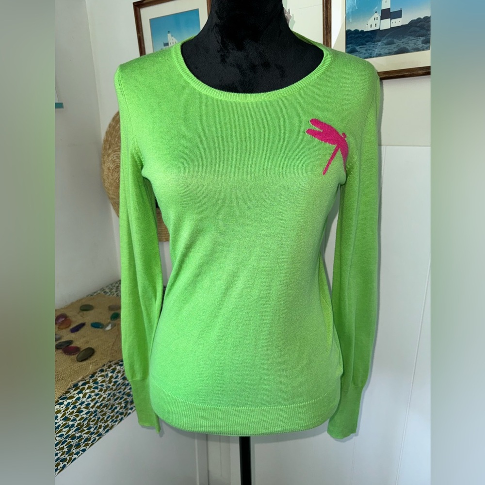 Old Navy Green Cotton Pink Dragonfly Neck Sweater Sz S